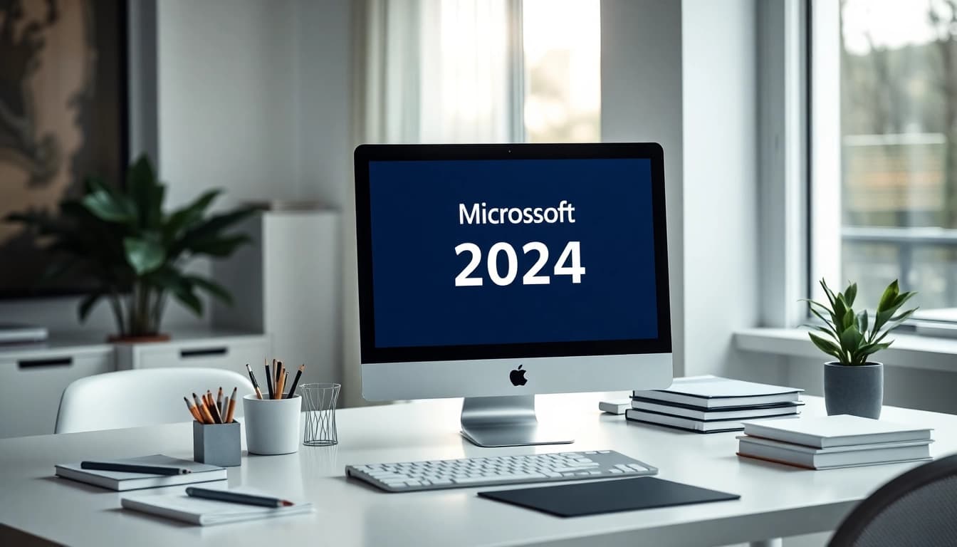 Office 2024 Mac ohne Abo kaufen auf einem modernen Schreibtisch mit Mac und Zubehör