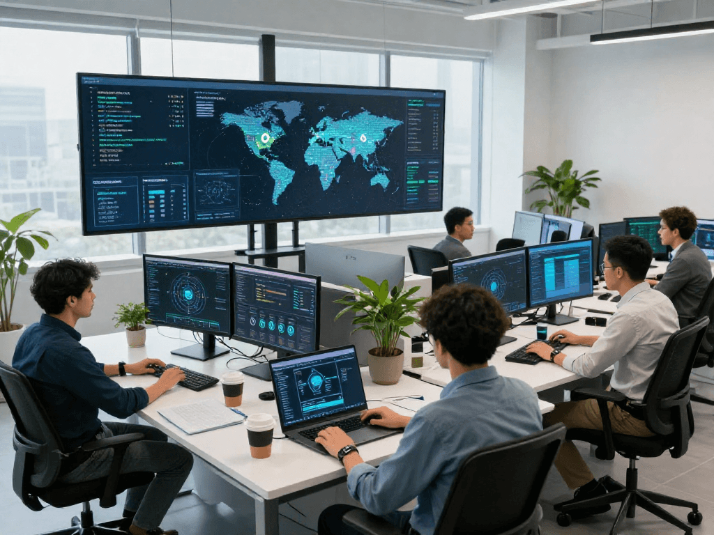 Daten- und IT-Sicherheit Dienstleistung in a modern cybersecurity operations center with IT analysts monitoring threats.