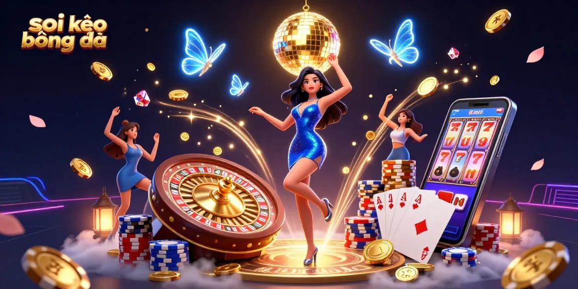Experience soi kèo bóng đá excitement with a glamorous scene of sports betting and casino elements.