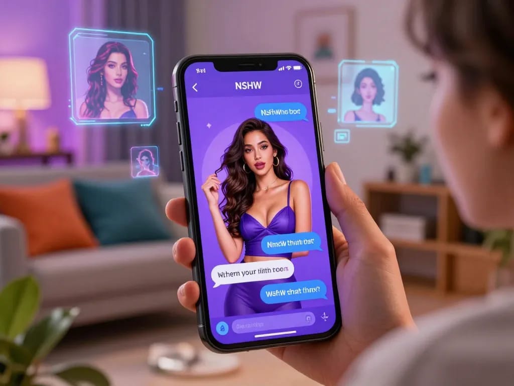 NSFW chat bot engaging users with playful characters in a cozy living room setting.