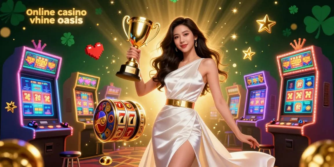 Experience the thrill of online casino ohne oasis with vibrant slot machines and golden trophy.