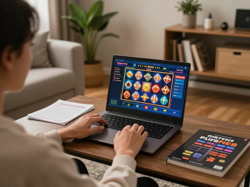 Household scene with a user engaging with Nhà cái F168 for online betting, featuring a laptop with vibrant casino games on display.