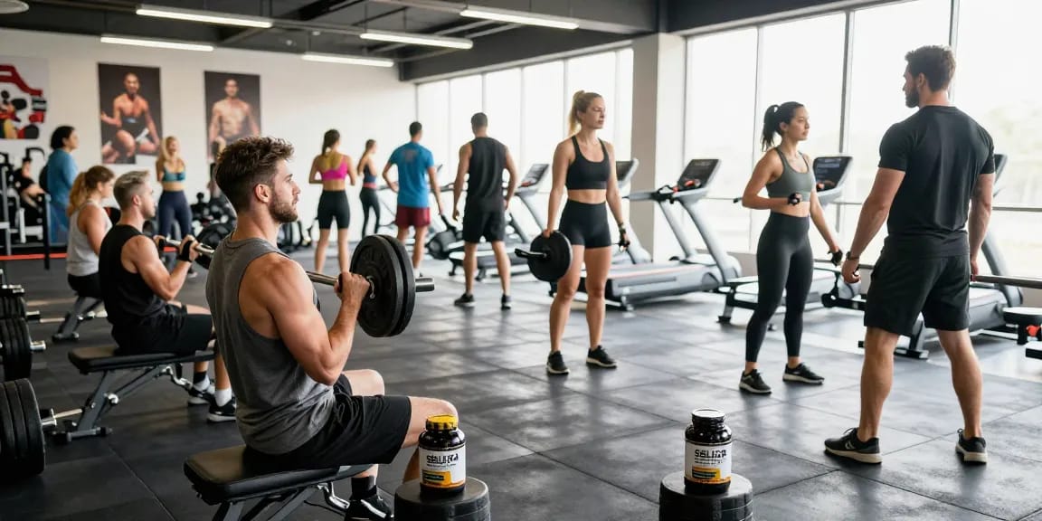 Aktive Bodybuilder im Selliza Shop nutzen hochwertige Supplements im Fitnessstudio.