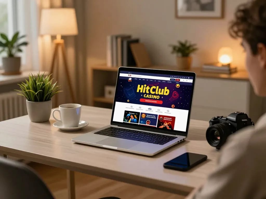Player engaging in online gaming at hitclub from a cozy home setup with a laptop and warm ambiance.