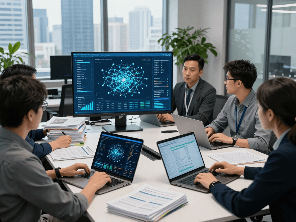Daten- und IT-Sicherheitsdienstleistung in einem modernen Büro mit Experten, die an Sicherheitslösungen arbeiten.