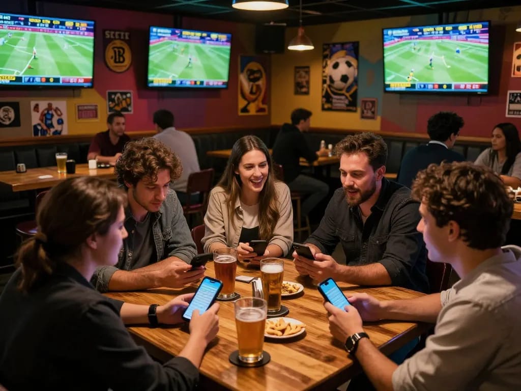 Engaging sports betting scene with patrons using smartphones to place bets in an exciting environment.