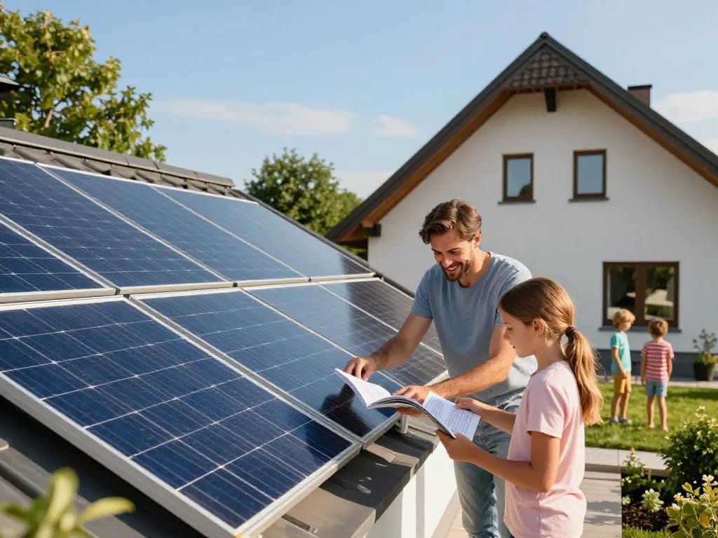 Photovoltaik Bayern Wohninstallation mit Familie, die die Vorteile der Solarenergie genießt.