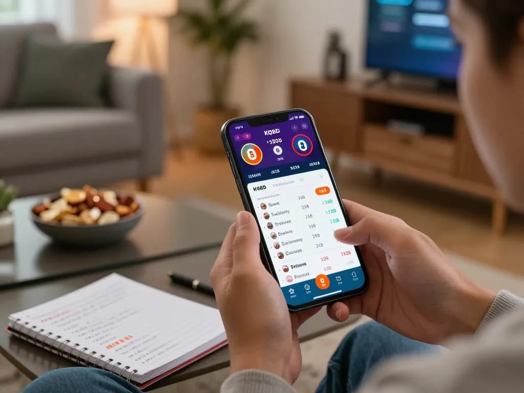 KQBD mobile sports betting interface showing live scores and odds updates in an engaging home setting