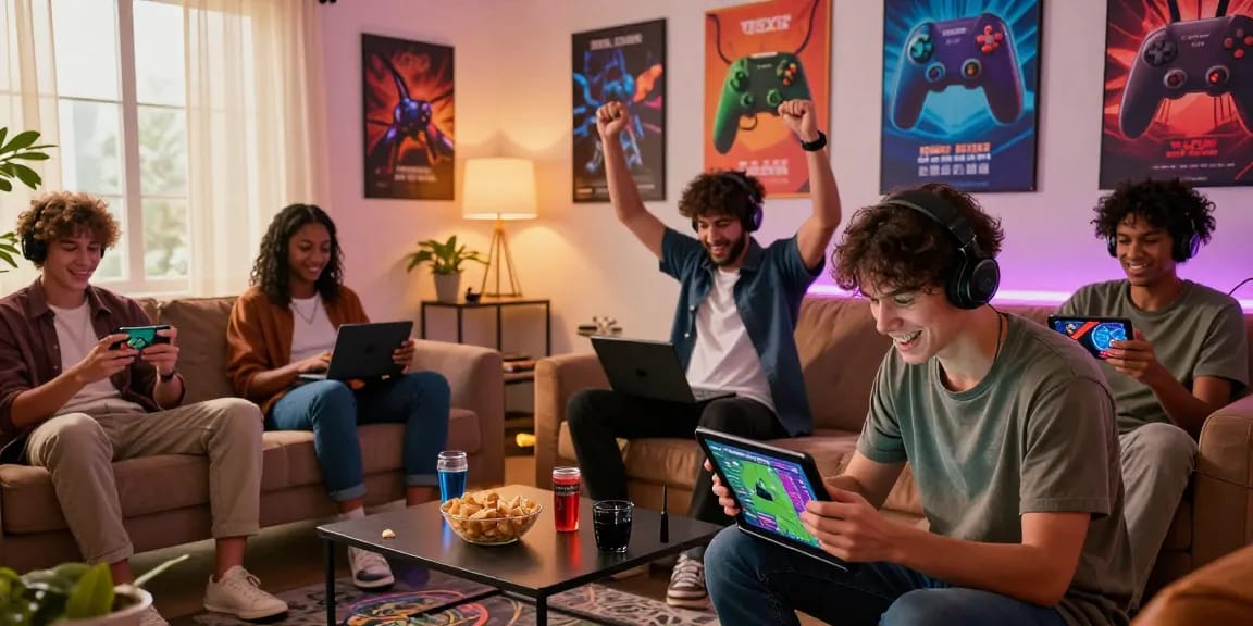 Excited players engaging in online games at home with B52 CLUB, showcasing vibrant gaming atmosphere and camaraderie.