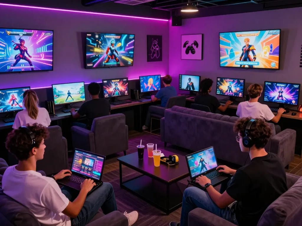 Explore a vibrant gaming lounge with players enjoying free sex games, showcasing exciting interactions and immersive graphics.