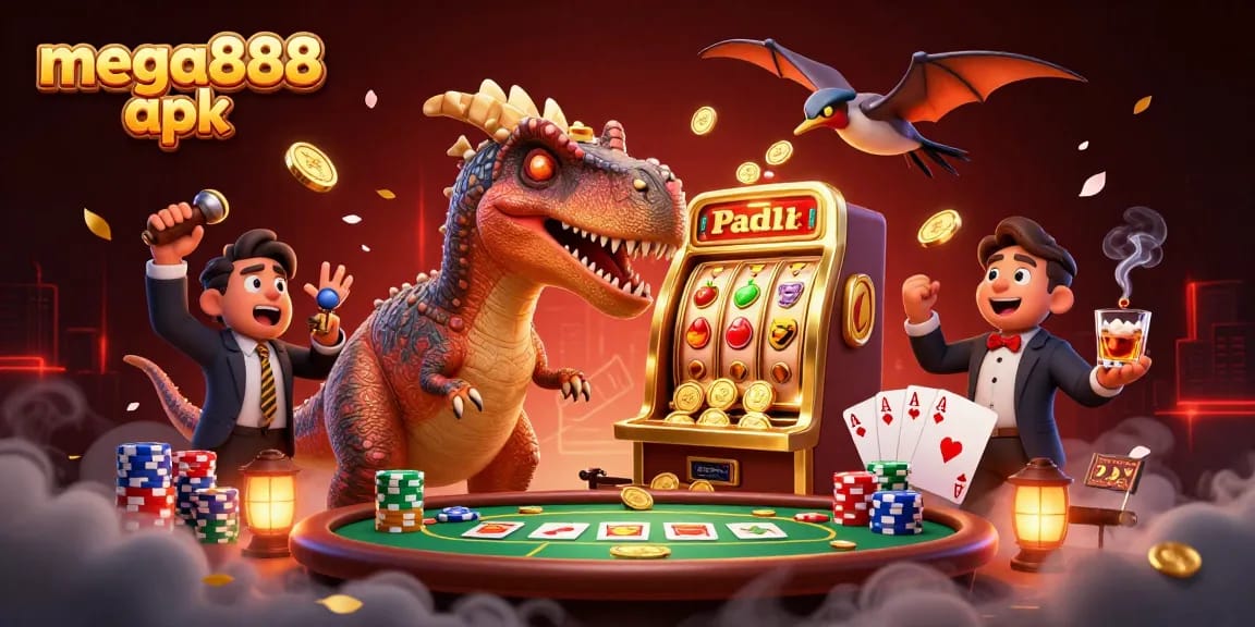 Experience thrilling wins with mega888 apk as a dinosaur wins coins at the slot machine, capturing casino excitement.