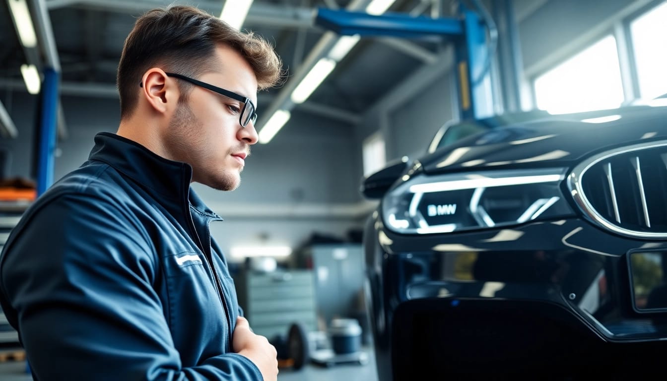 BMW Spezialist arbeitet an einem Fahrzeug in einer modernen Werkstatt