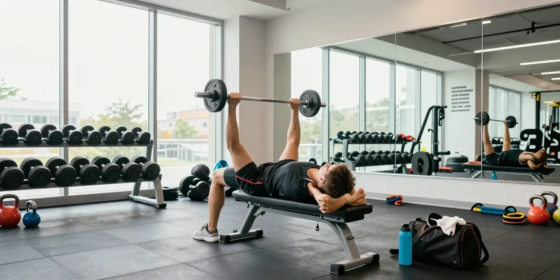 Intensives Training im Astera Shop: Sportler beim Bankdrücken im modernen Fitnessstudio.