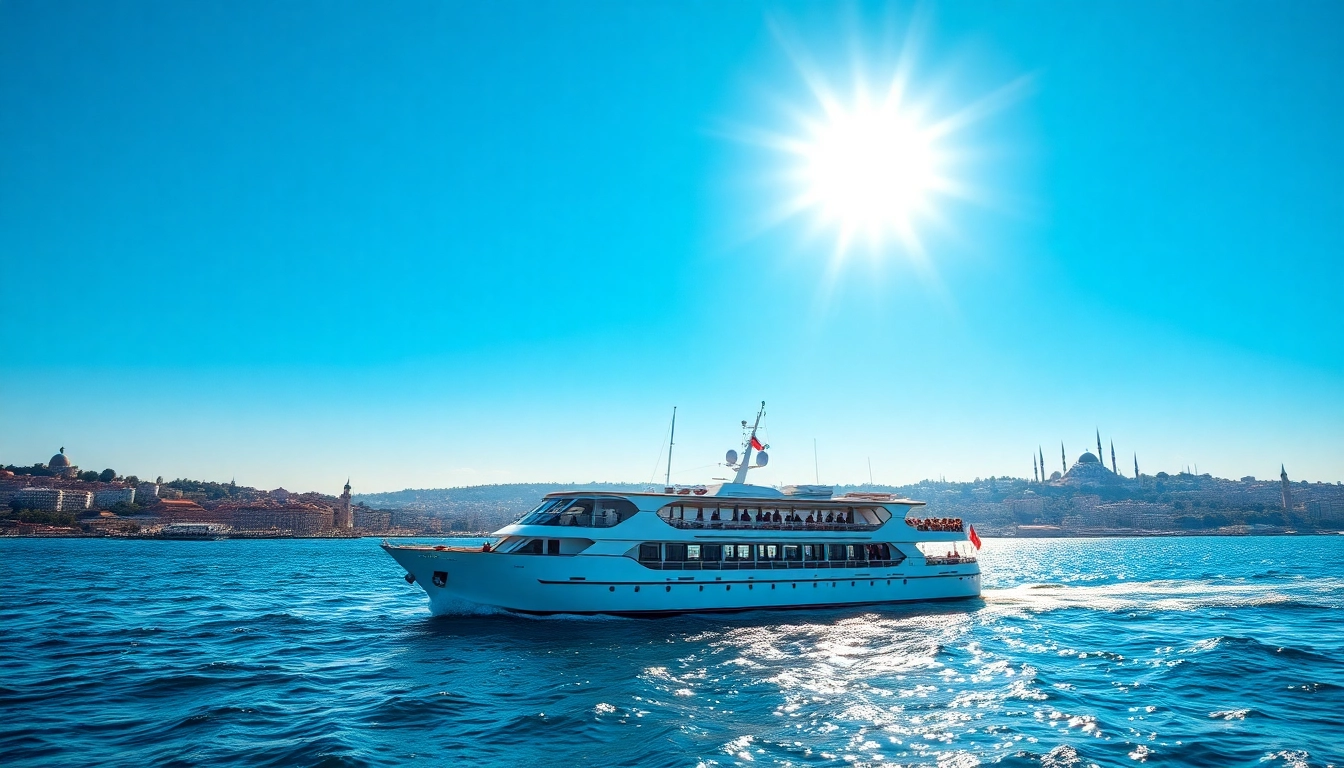 Bosphorus daytime cruise with guests enjoying scenic views of Istanbul's iconic skyline.