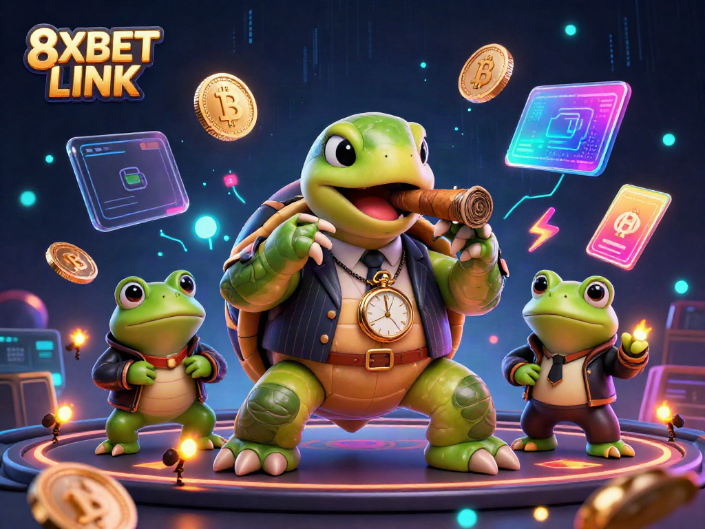 Engage with the vibrant world of online gambling at 8XBET LINK featuring a cartoon turtle in a mobster suit.