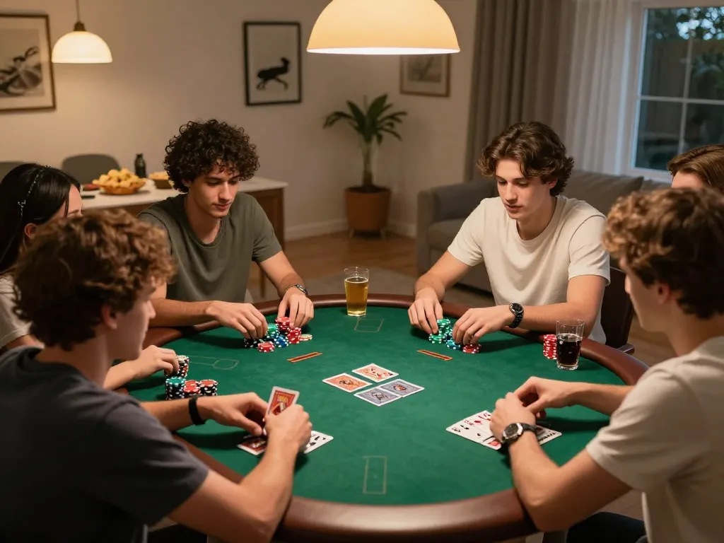 Engaged players enjoying a poker game in a cozy home setting, showcasing the excitement of Trang chủ SC88 gaming.