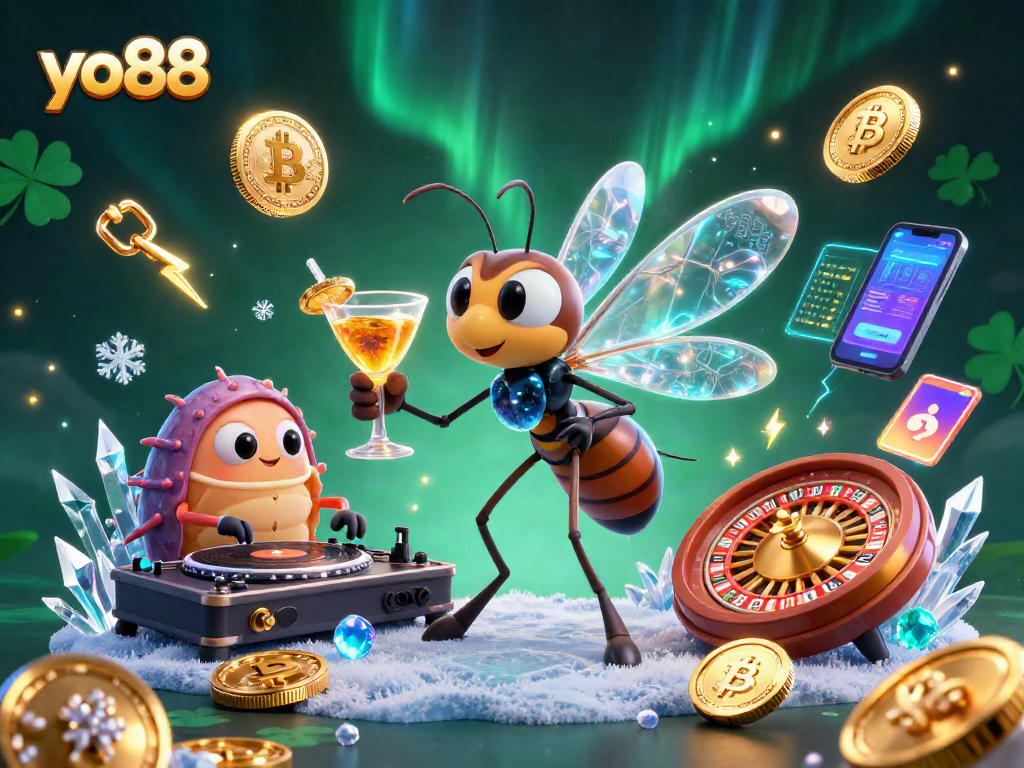 Engage with yo88 in a vibrant casino scene featuring unique characters and crypto elements.