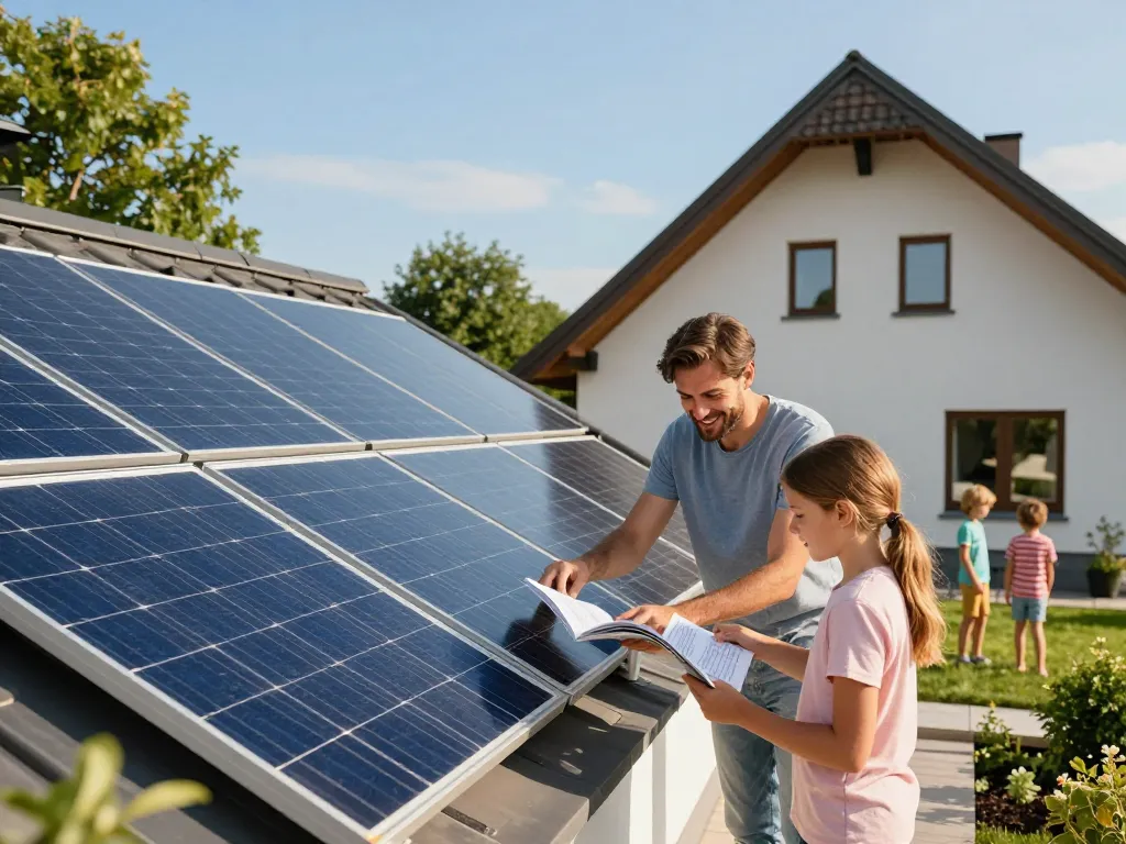 Photovoltaik Bayern Wohninstallation mit Familie, die die Vorteile der Solarenergie genießt.