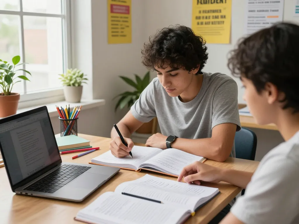 Student, der Hausaufgaben an einem hellen Schreibtisch mit Büchern und Laptop löst.