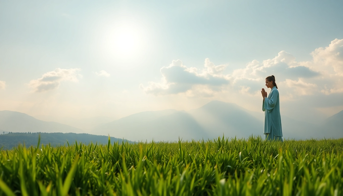 Das schutzgebet umhüllt eine friedvolle Landschaft mit einer betenden Figur, die Schutz und Ruhe symbolisiert.