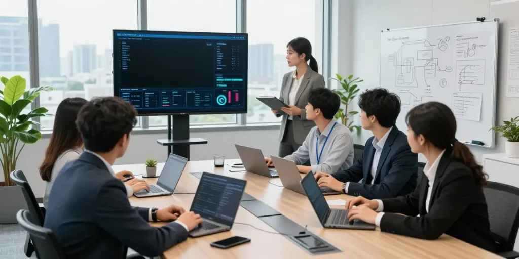 IT-Sicherheitsfirma berät in modernem Konferenzraum mit Experten.