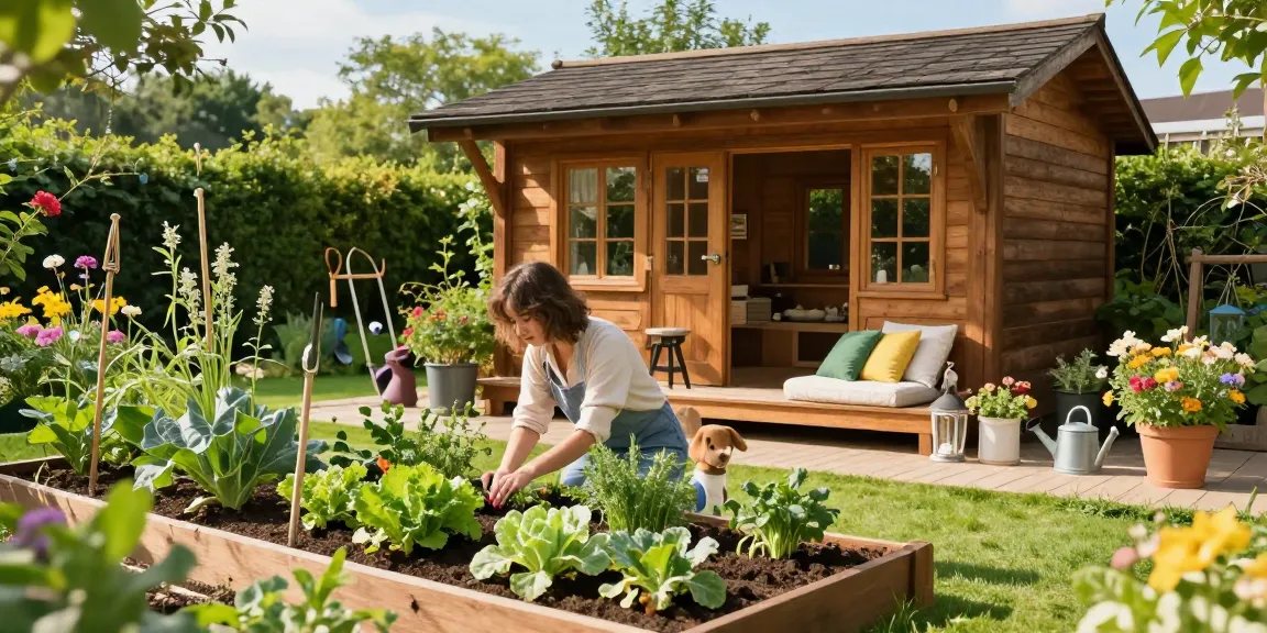 Garten Haus in einer sonnigen Gartenlandschaft mit Pflanzen und Sitzecke.