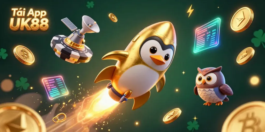Experience Tải App UK88 with a dynamic scene featuring a golden penguin, casino space station, and crypto elements.