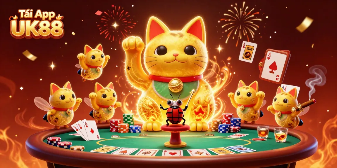Engage with Tải App UK88 through a festive, detailed casino scene featuring a lucky cat and poker elements