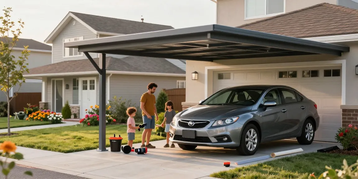 Moderne Carport-Installation mit Familie, die gemeinsam an einem DIY-Projekt arbeitet.