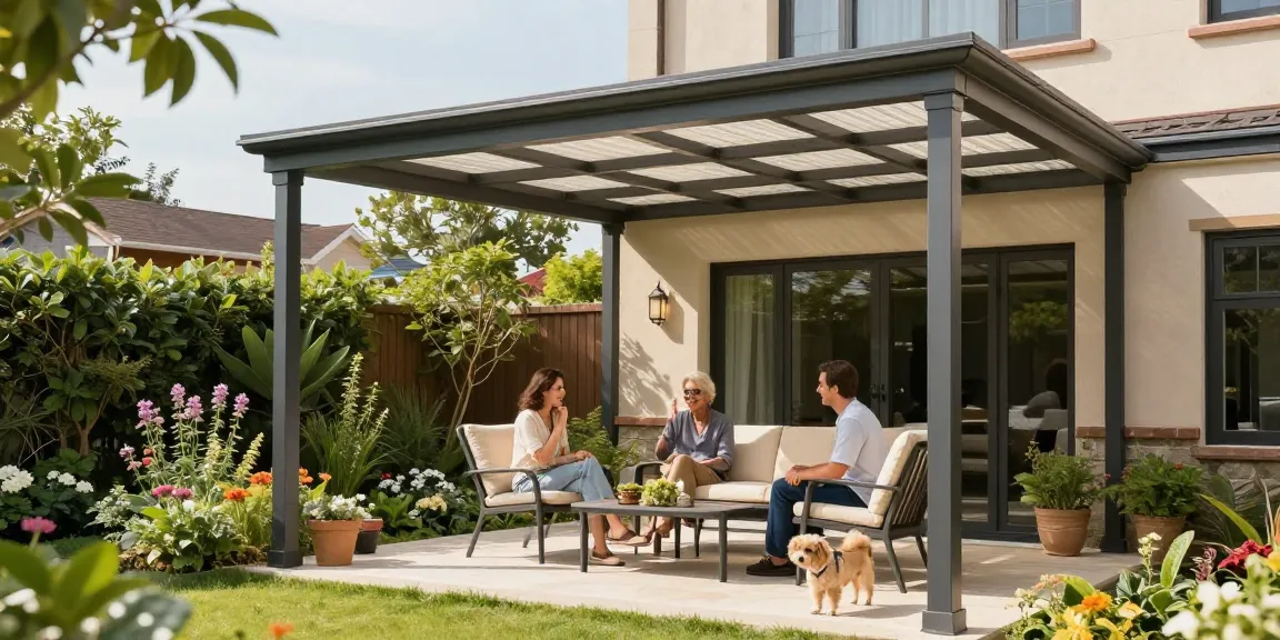 Terrassenüberdachung freistehend in einem blühenden Garten mit Paar gemütlich unter dem Dach.