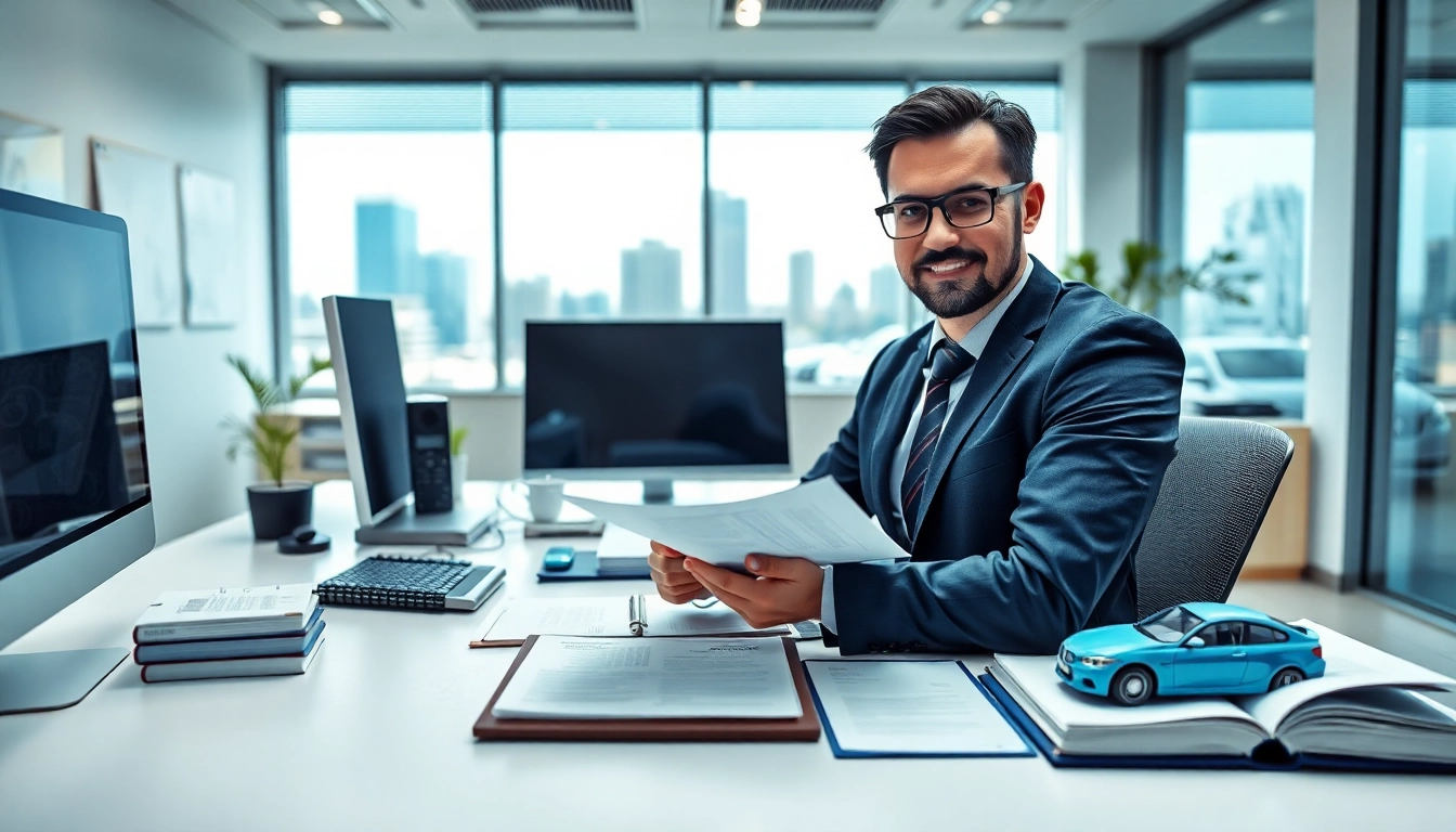 Kfz Sachverständiger Düsseldorf bei der Arbeit in einem modernen Büro, zeigt Expertise und Professionalität.