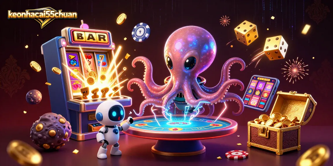 Experience thrilling gameplay with keonhacai55chuan's alien octopus at a vibrant holographic poker table.