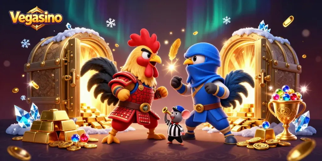 Experience the vibrant action at vegasino with roosters clashing in a colorful casino scene.