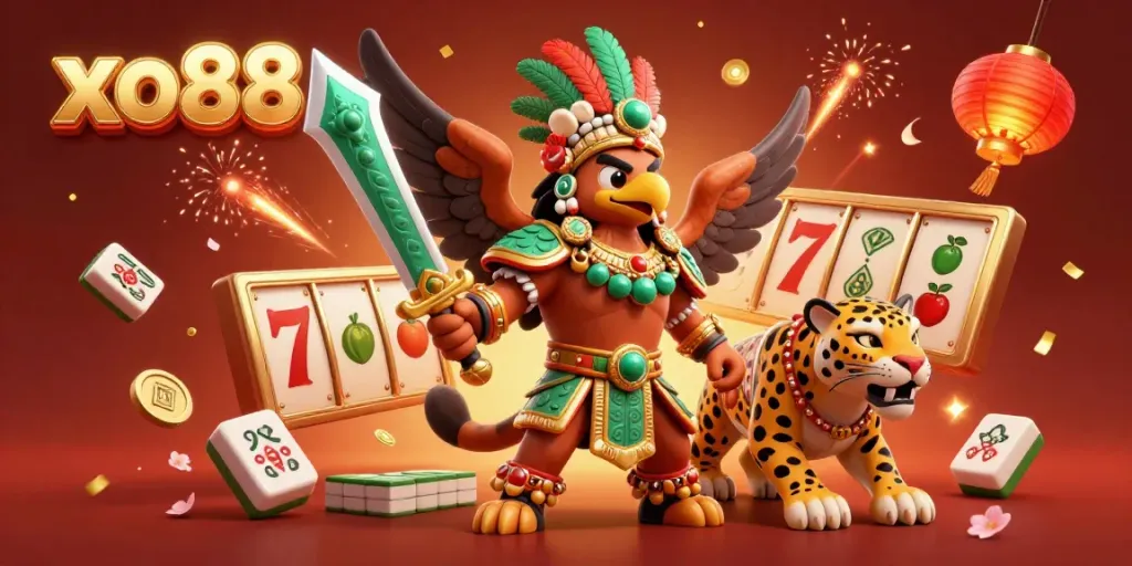 Engage in thrilling gaming at xo88 with Aztec warriors, slot reels, and rich vibrant elements.