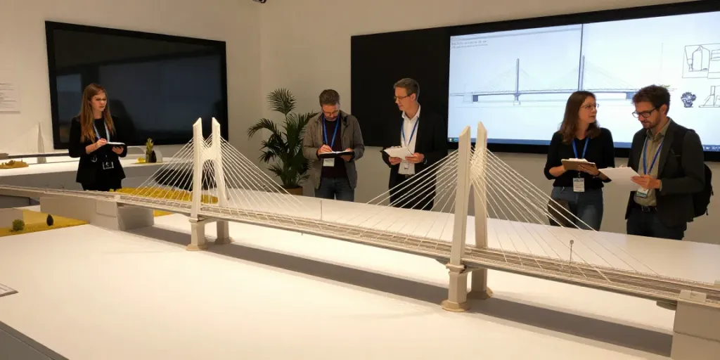 Brückenmodell 1_75 im Präsentationsraum, Besucher bewundern das Detail und die Architektur.