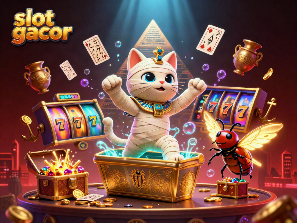 Engage with slot gacor visuals featuring a vibrant mummy cat scene with spinning reels and jackpot excitement.