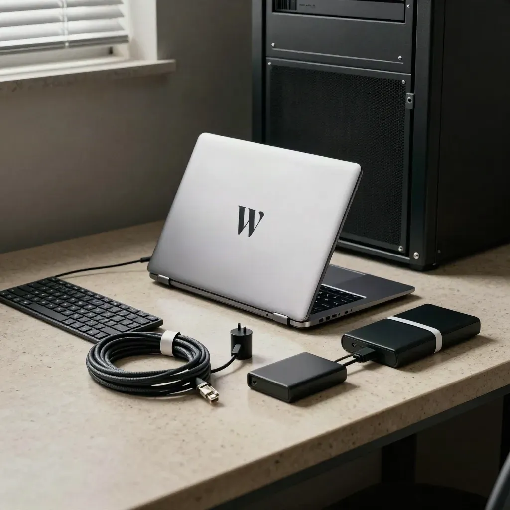 Geschlossener Laptop, Ethernetkabel und Backup-Disk auf Travertin im warmen Licht.