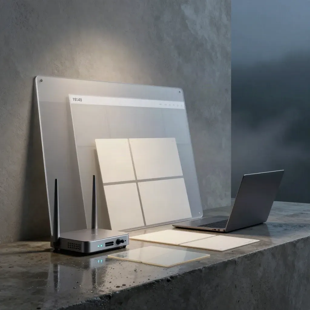 Dramatische Webdesign-Studioecke mit UI-Paneelen, Laptop und Router im blauen Abendlicht.