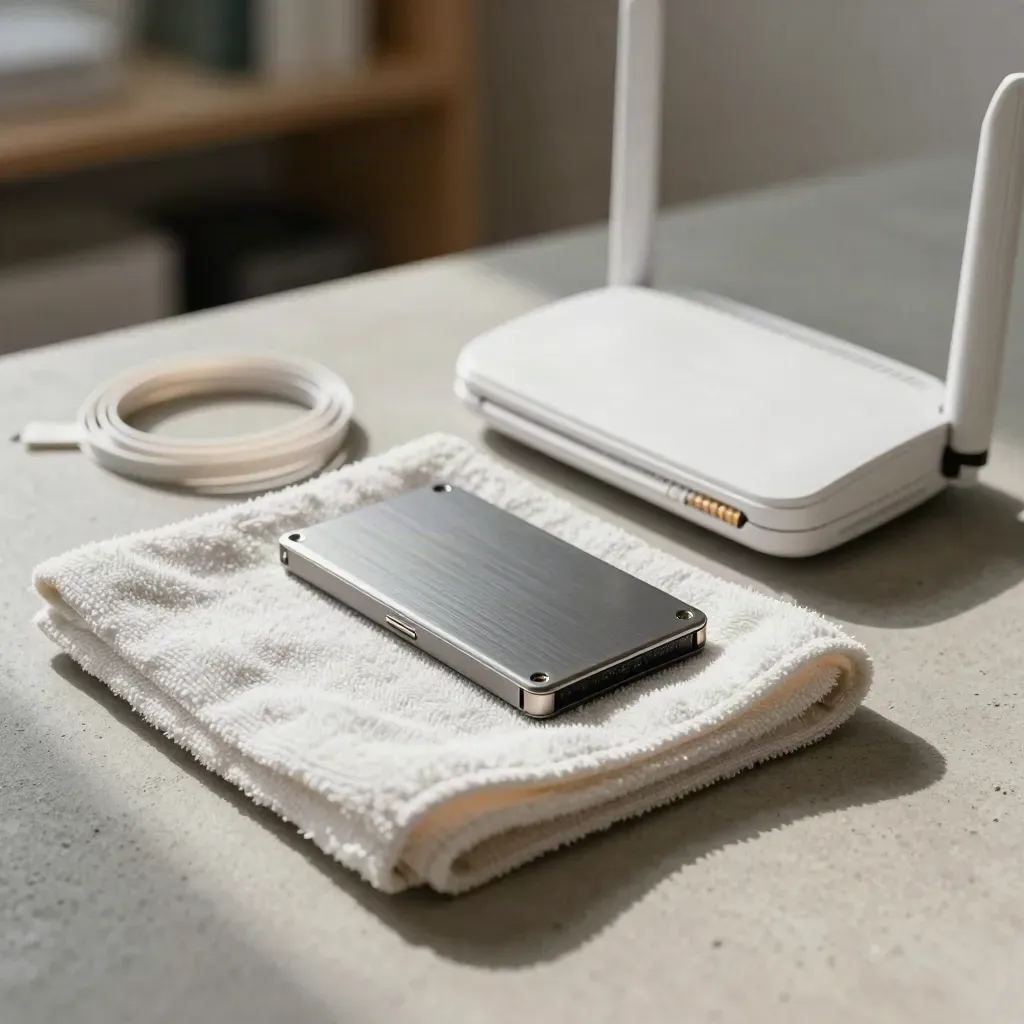 Backup-SSD, Mikrofasertuch, Kabelbinder und versiegelter Router auf hellem Beton.