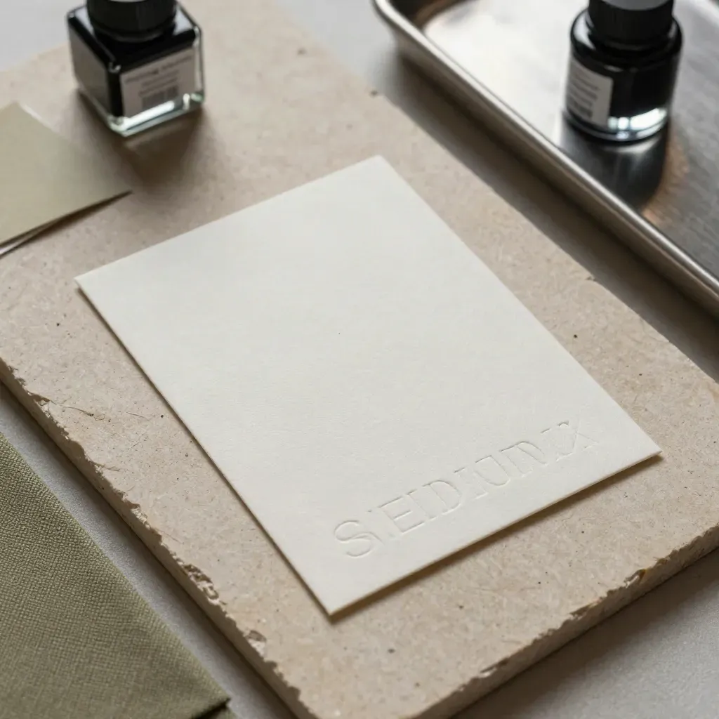 Foilswatches, Papierchips und Blindprägung auf Kalkstein im Brand-Design.