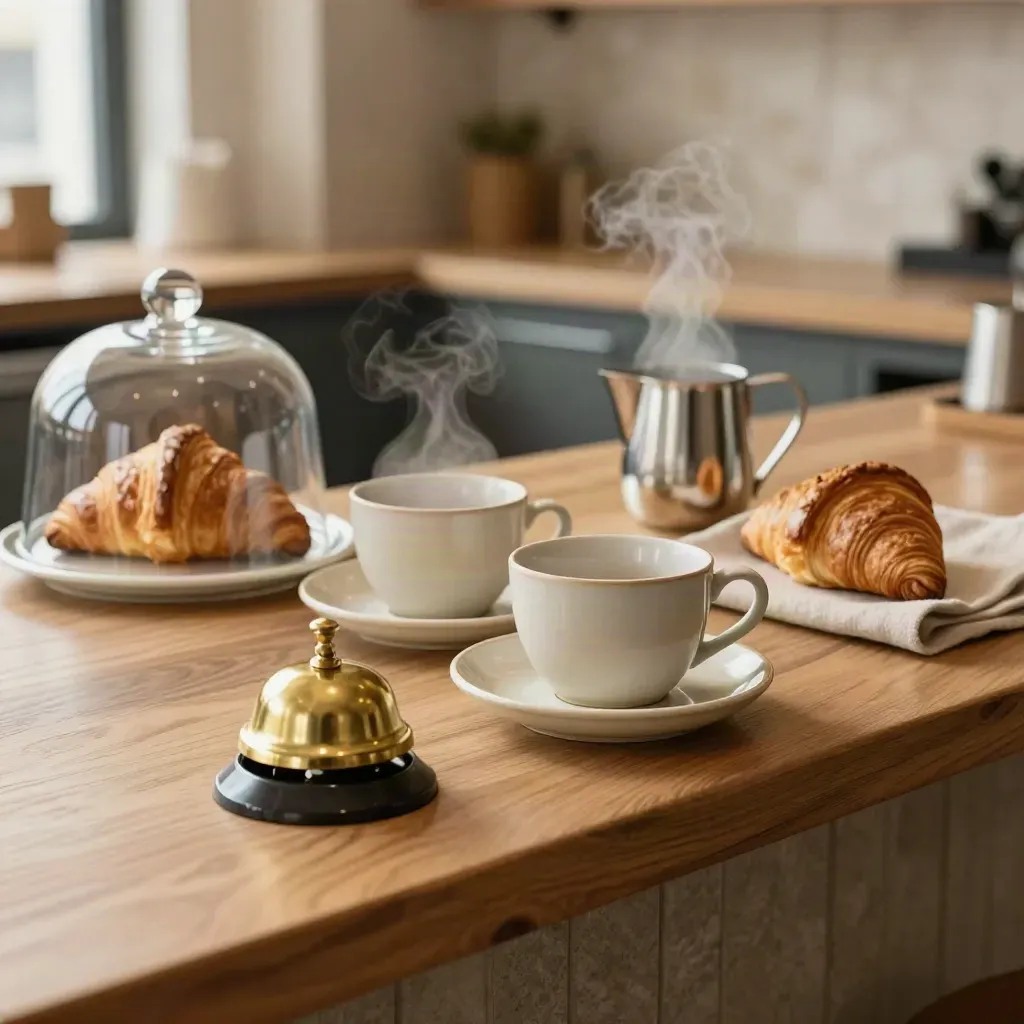 Früher Café-Thekenmoment mit dampfenden Tassen, Gebäck unter Glas und Reservierungsglocke.