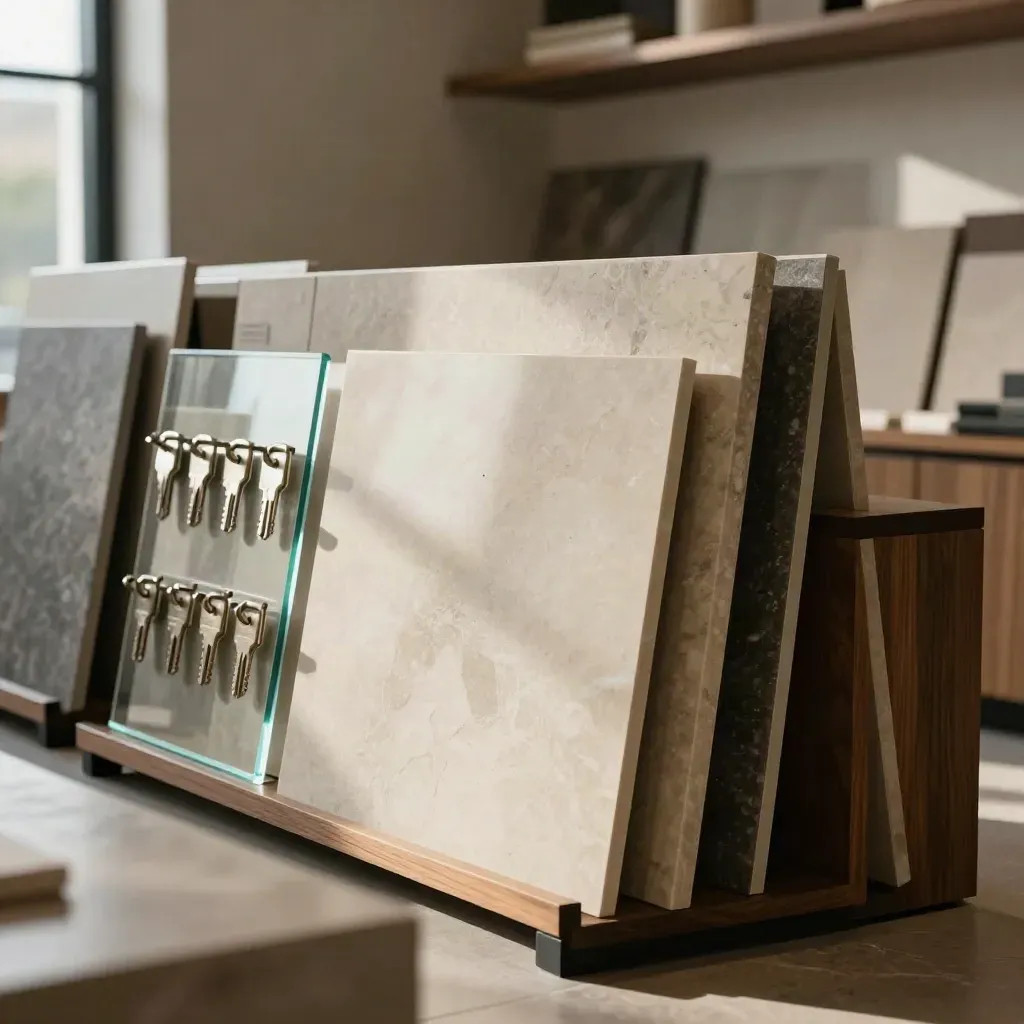 Maklerbüro-Showroom mit Steinmustern, Glastablett für Schlüssel und hellen Fensterreflexen.