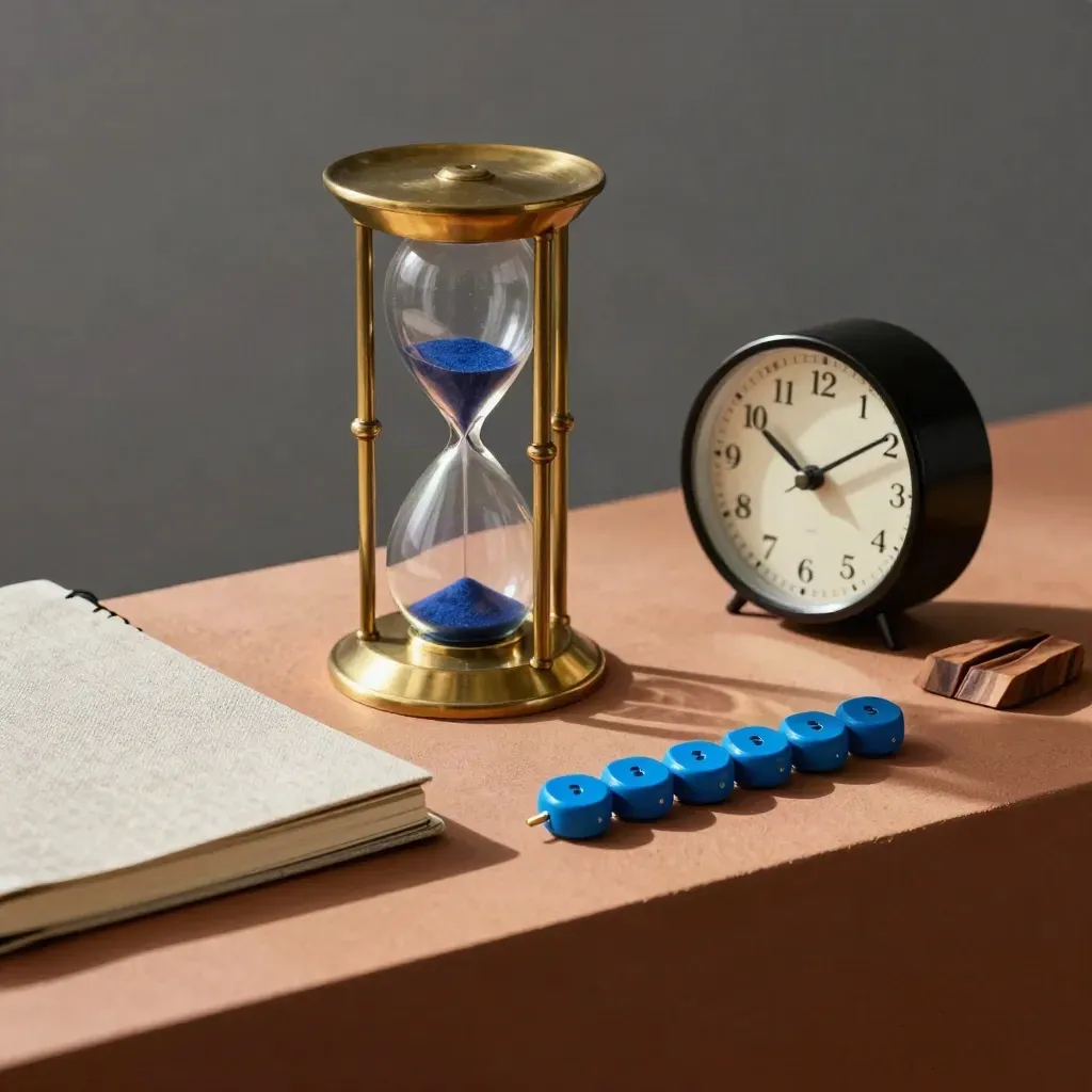 Brassene Sanduhr, Notizbuch und Tischuhr auf ruhiger Arbeitsfläche mit Cyan-Akzenten