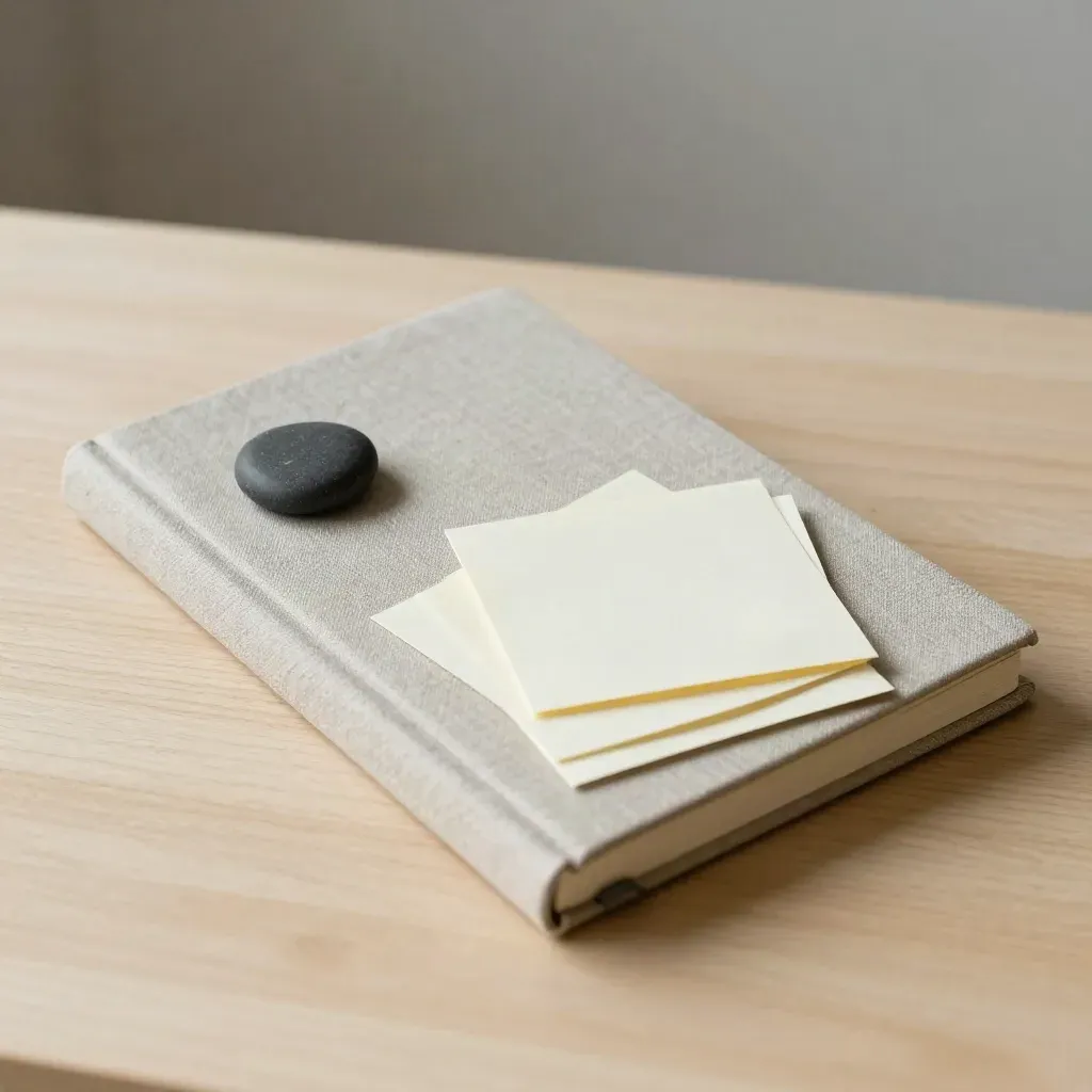 Notizbuch, Steinpapiergewicht und Karten auf hellem Holz im cleanen Layout