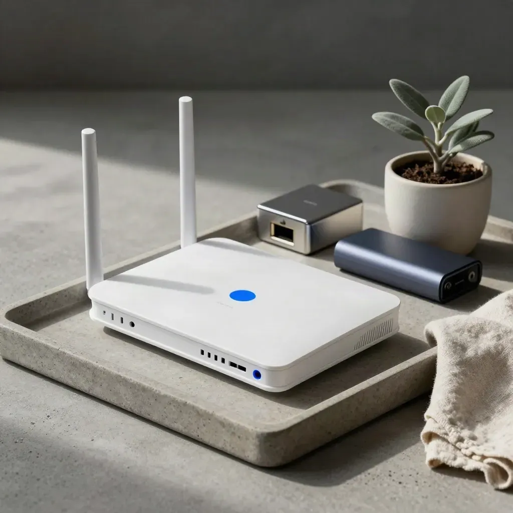 Router, Netzwerkknoten und Backup-Laufwerk auf Steintray mit Pflanztopf und blauem Statuslicht.