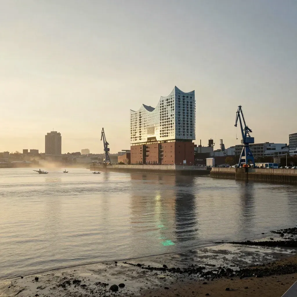 Hamburger Hafen mit Elbphilharmonie im goldenen Abendlicht und Nebel
