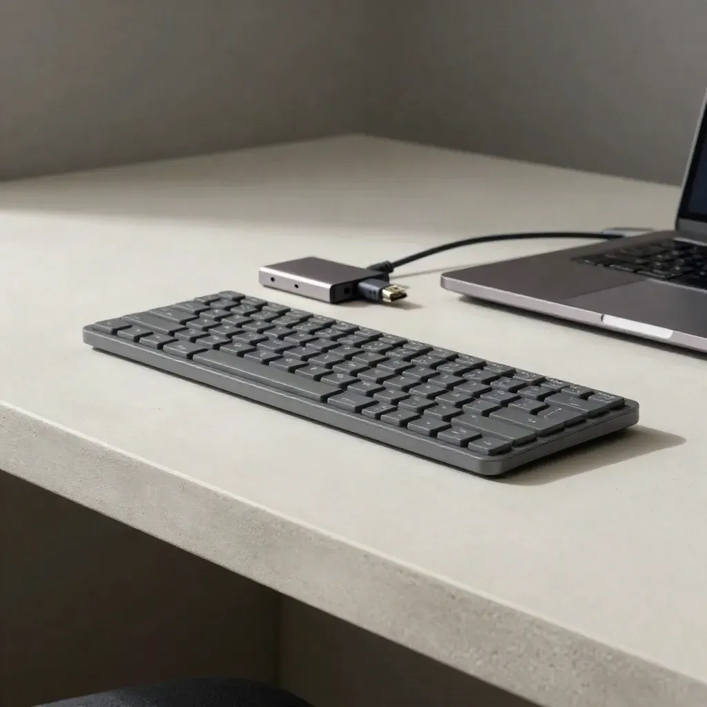 Keyboard, Kabel und SSD neben geschlossenem Laptop in ruhiger Studioatmosphäre.