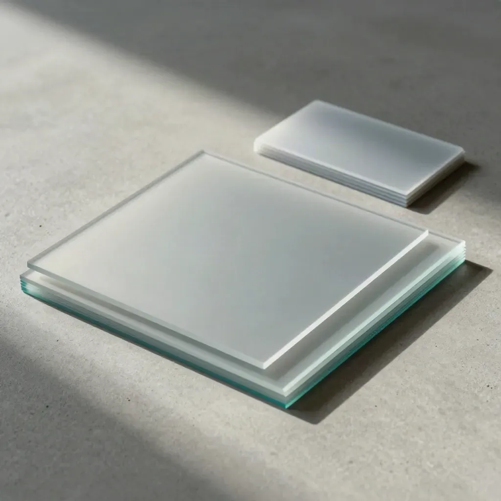 Transparente Acryl-Layoutsheets und Revisionschips auf hellem Beton mit sanftem Cyanlicht