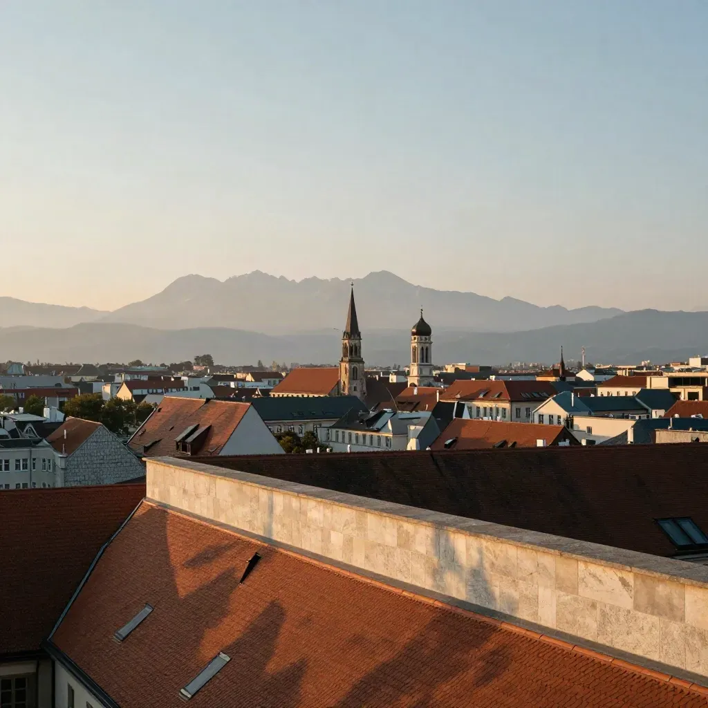 Münchens Skyline mit Alpen im warmen Abendlicht über ruhigen Dächern und feinem Dunst.