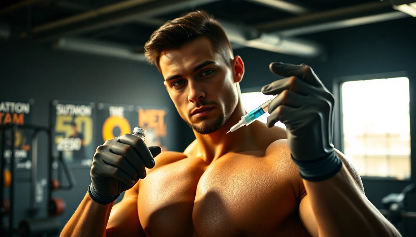 Sustanon 250 kaufen: Athlet injiziert es in Fitnessstudio, was Kraft und Gesundheit symbolisiert.